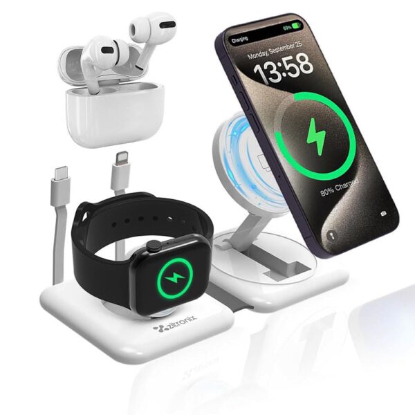 Zitronix® 4 in 1 Wireless Charger for iPhone, Magnetic Foldable Compatible Wireless Charger for iPhone 15 to 12 Series, Compatible with only Apple Watch Series, AirPods 2/3/Pro Sit for Travel(White)